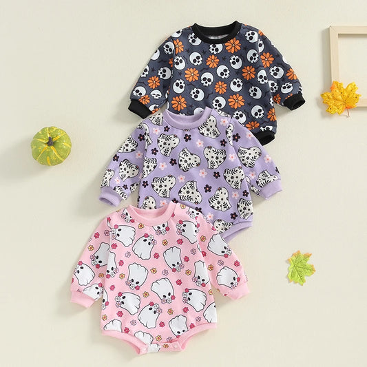 Adorable Baby Girls Halloween Long Sleeve Romper with Witch, Pumpkin, and Skull Floral Print