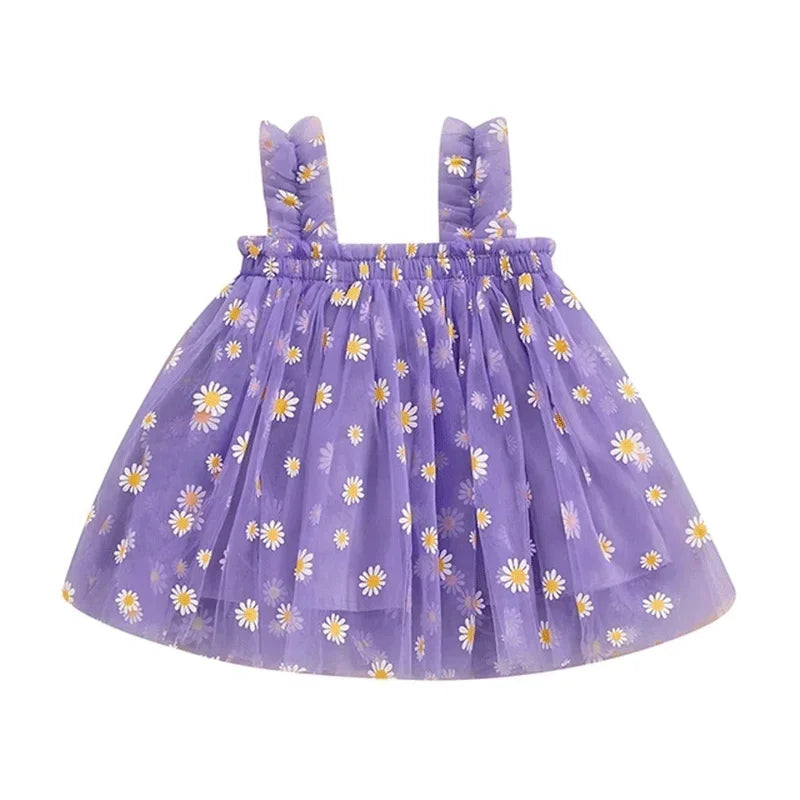 Toddler Girls' Sleeveless Floral Tulle Dress - Elegant Daisy Print Birthday Party Outfit for Summer