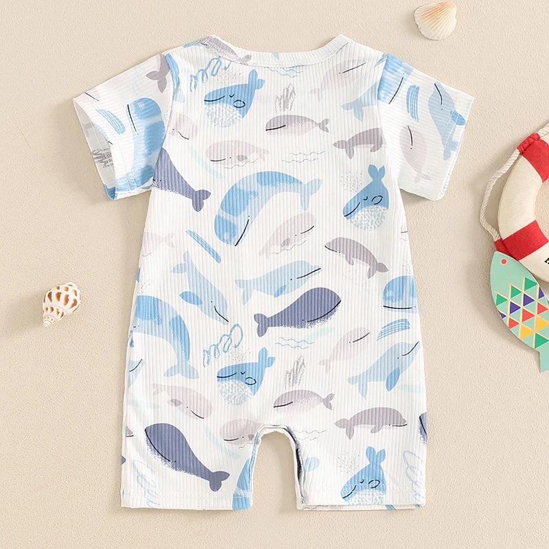 Adorable Ocean Animal Print Summer Rompers for Infants - Unisex Short Sleeve Jumpsuit