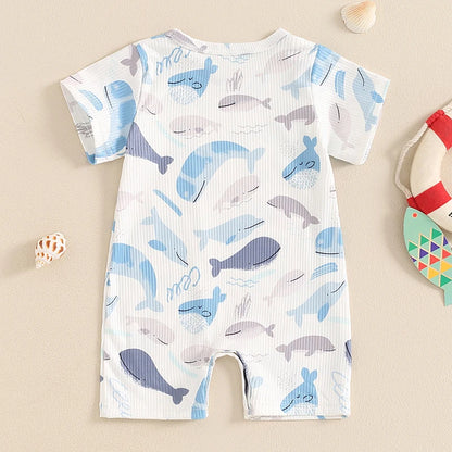 Adorable Ocean Animal Print Summer Rompers for Infants - Unisex Short Sleeve Jumpsuit
