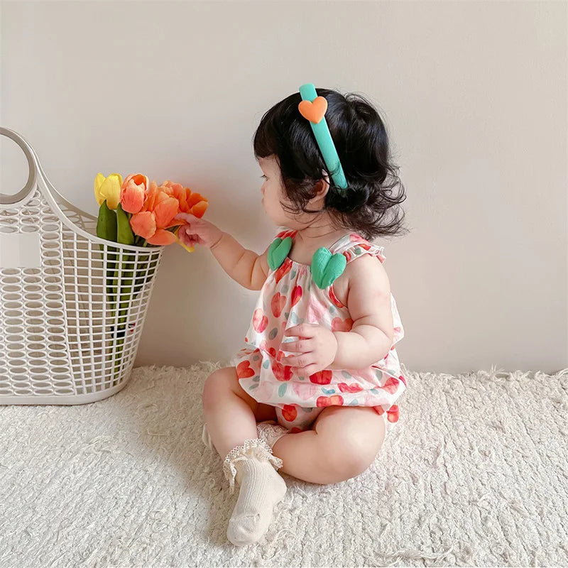 Summer Girls' Heart Print Sleeveless Romper Jumpsuit - Breathable Cotton-Polyester Blend Toddler Outfit