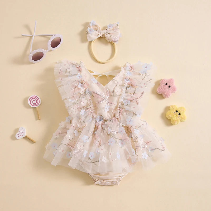 Summer Floral Embroidered Baby Girl Romper Dress Set with Tulle Skirt and Bowknot Headband