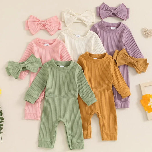 Adorable Baby Girl Ribbed Jumpsuit with Headband - Long Sleeve Romper for Newborns (0-18 Months)