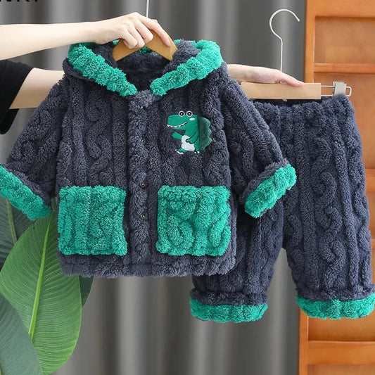 2023 Kids Cartoon Dinosaur Hooded Flannel Pajama Sets for Boys - Cozy Autumn Winter Sleepwear
