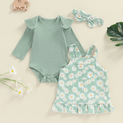 Adorable Newborn Girls' Ruffled Ribbed Bodysuit Set with Floral Suspender Skirt and Headband - Perfect for Spring and Autumn