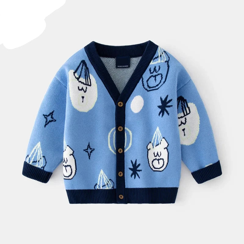 Adorable Cartoon Bear Knit Cardigan Sweater for Boys - Autumn Winter Fashion Outerwear