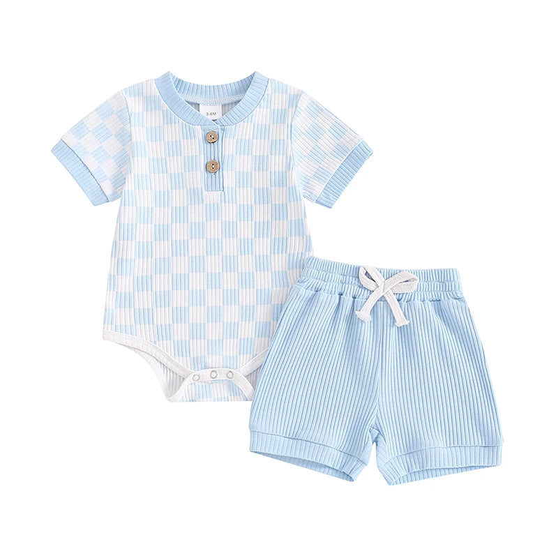 Trendy Baby Boys Summer Ribbed Checkerboard Bodysuit and Shorts Set (0-18 Months)