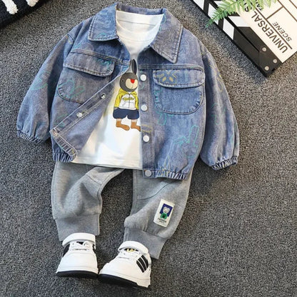 New 2023 Spring Autumn Boys Casual Denim Coat and Sports Pants Set for Kids