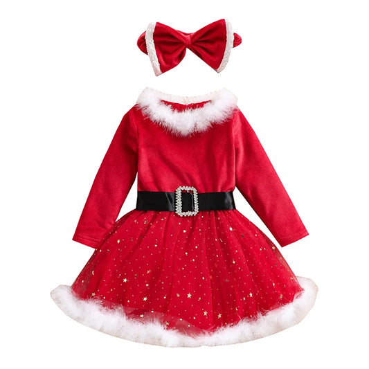Toddler Girls Santa Claus Christmas Dress with Fluffy Red Long Sleeves and Bow Accessory for Holiday Parties