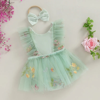 Adorable Baby Girls Floral Embroidery Jumper Dress with Matching Headband - Summer Casual Outfit