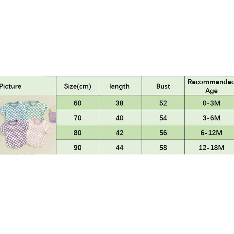 Summer Checkerboard Bodysuit for Newborns - Cute Round Neck Short Sleeve Jumpsuit in Various Colors