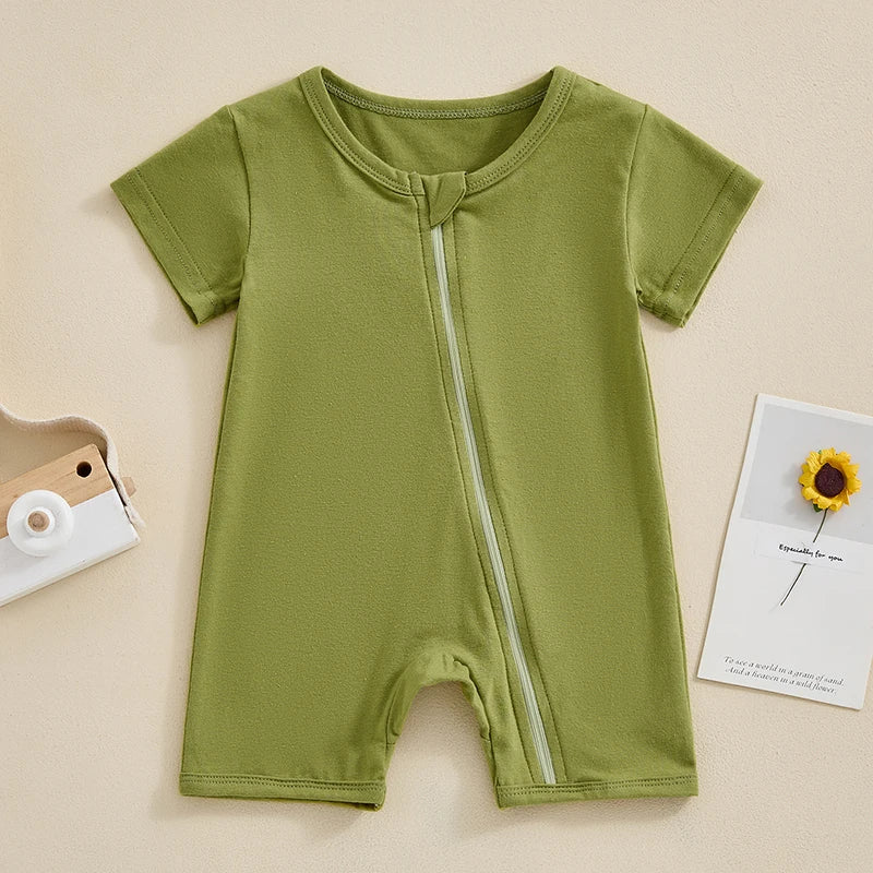 Unisex Summer Infant Romper with Short Sleeves and Zipper Closure for Newborns