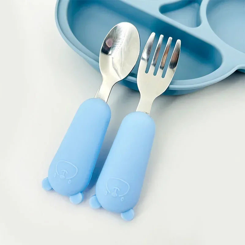 Toddler-Friendly Cartoon Stainless Steel Cutlery Set - Baby Spoon and Fork Dinnerware for Infants
