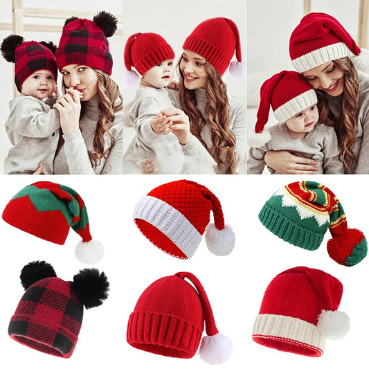 Parent-Child Christmas Hat Big Pompom Mother Kids Knit Beanie Cap Winter Warm Infant Bonnet Girls Boy Xmas Gift Baby Accessories