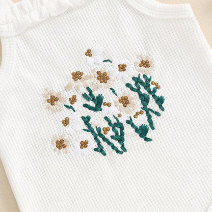 3-Piece Summer Outfit Set for Baby Girls - Waffle Flower Embroidered Sleeveless Romper, Ruffle Shorts, and Headband
