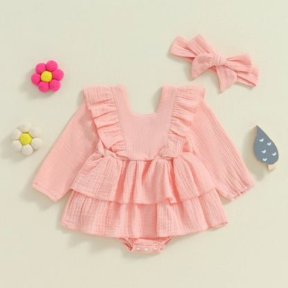 Adorable Baby Girls' Long Sleeve Ruffled Romper with Headband - Fall Fashion Jumpsuit for Newborns