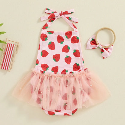 Adorable Baby Girl Summer Ruffle Romper Dress with Strawberry Print and Matching Headband Set