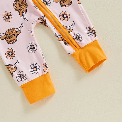 Adorable Highland Cow Print Long Sleeve Baby Girl Romper for Autumn and Spring