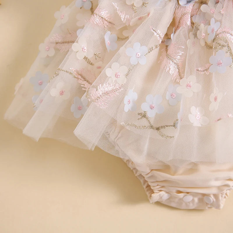 Summer Floral Embroidered Baby Girl Romper Dress Set with Tulle Skirt and Bowknot Headband