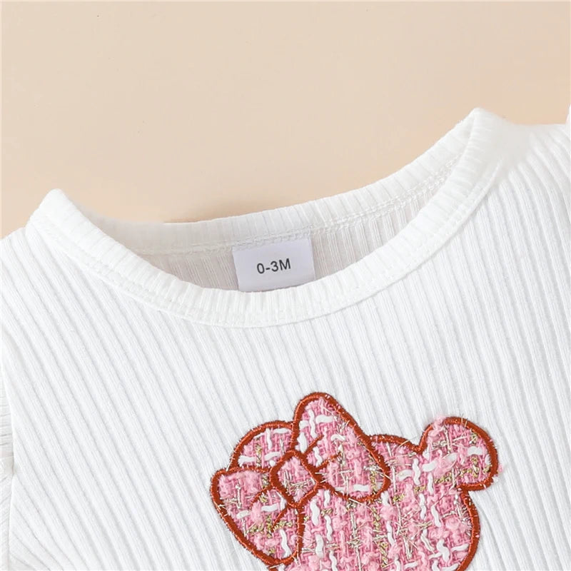 Adorable Baby Girls 3-Piece Skirt Set with Bear Embroidery Romper, Bow Mini Skirt, and Headband for Summer
