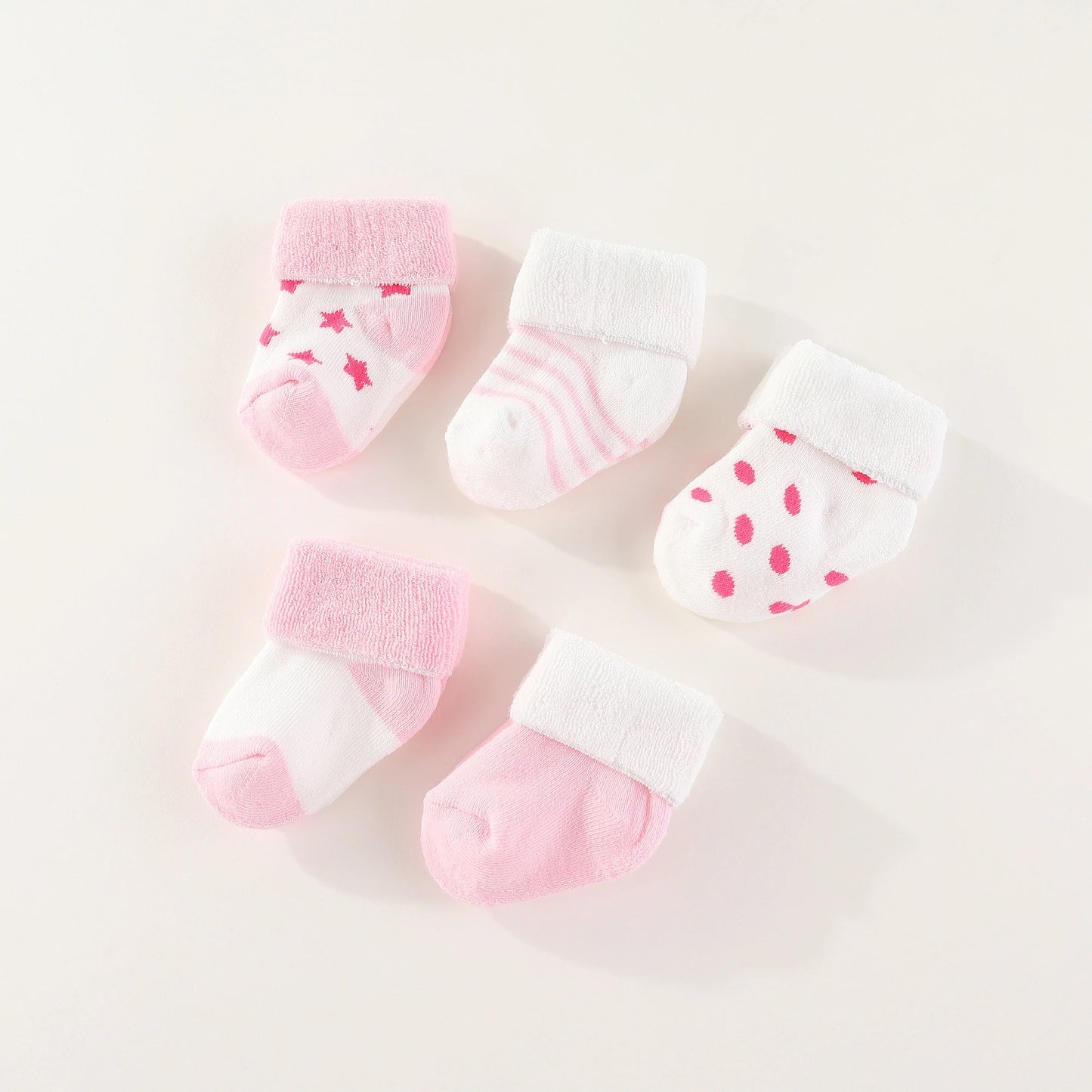 Unisex 5-Pack Cotton Baby Socks for Infants - Solid Colors & Star Patterns 0-12M