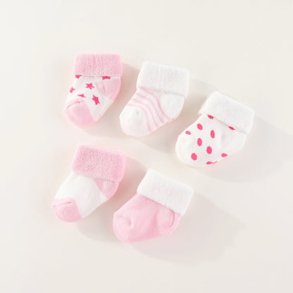 Unisex 5-Pack Cotton Baby Socks for Infants - Solid Colors & Star Patterns 0-12M