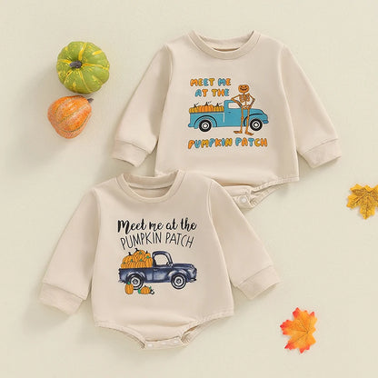 Adorable Unisex Baby Pumpkin Truck Print Long Sleeve Sweatshirt Romper for Halloween