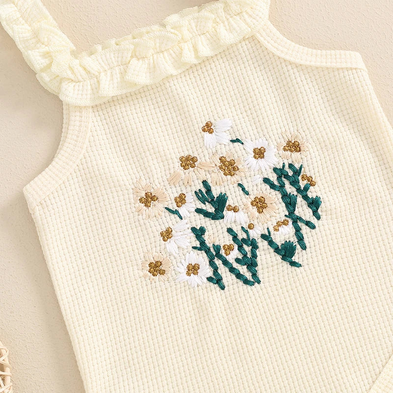 3-Piece Summer Outfit Set for Baby Girls - Waffle Flower Embroidered Sleeveless Romper, Ruffle Shorts, and Headband