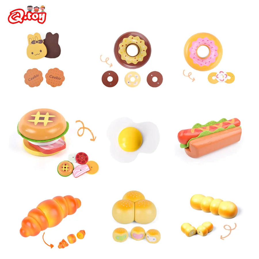 Wooden Breakfast Play Food Set - Donut, Hamburger & Hot Dog Simulation Toys for Kids 3-6 Years