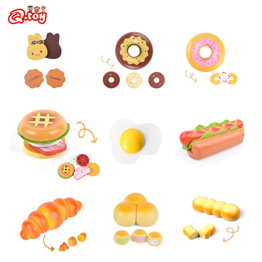 Wooden Breakfast Play Food Set - Donut, Hamburger & Hot Dog Simulation Toys for Kids 3-6 Years
