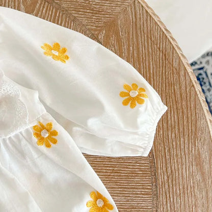 Adorable Daisy Embroidered Long Sleeve Girls Romper - 2024 Spring Toddler Jumpsuit for Infants 0-2T