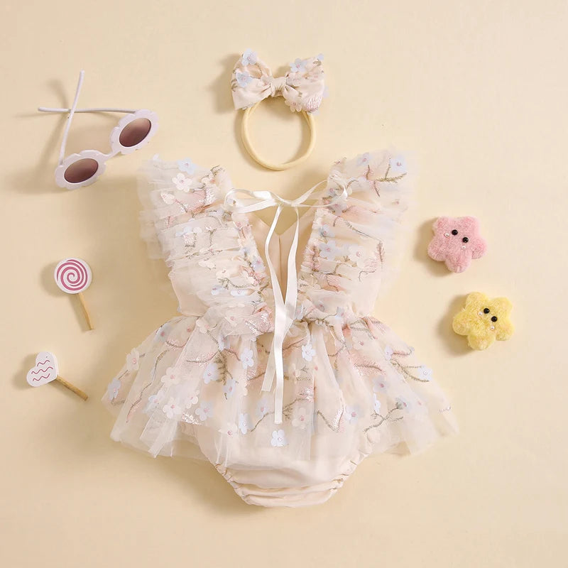 Summer Floral Embroidered Baby Girl Romper Dress Set with Tulle Skirt and Bowknot Headband