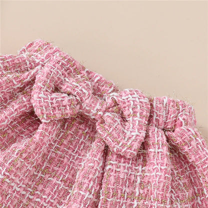 Adorable Baby Girls 3-Piece Skirt Set with Bear Embroidery Romper, Bow Mini Skirt, and Headband for Summer