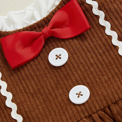 Adorable A-Line Dress for Baby Girls with Gingerbread Man Patch and Ruffled Bow - Perfect for Christmas Parties