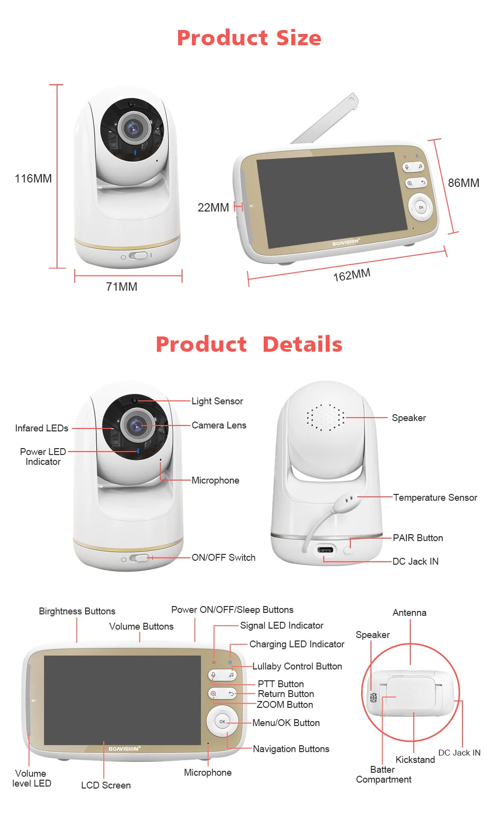 VB803 5-Inch Baby Monitor with 720P HD Display, 330° Pan & 135° Tilt, 3X Zoom, Two-Way Audio, Night Vision, and Lullaby Function