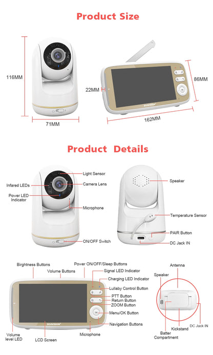 VB803 5-Inch Baby Monitor with 720P HD Display, 330° Pan & 135° Tilt, 3X Zoom, Two-Way Audio, Night Vision, and Lullaby Function