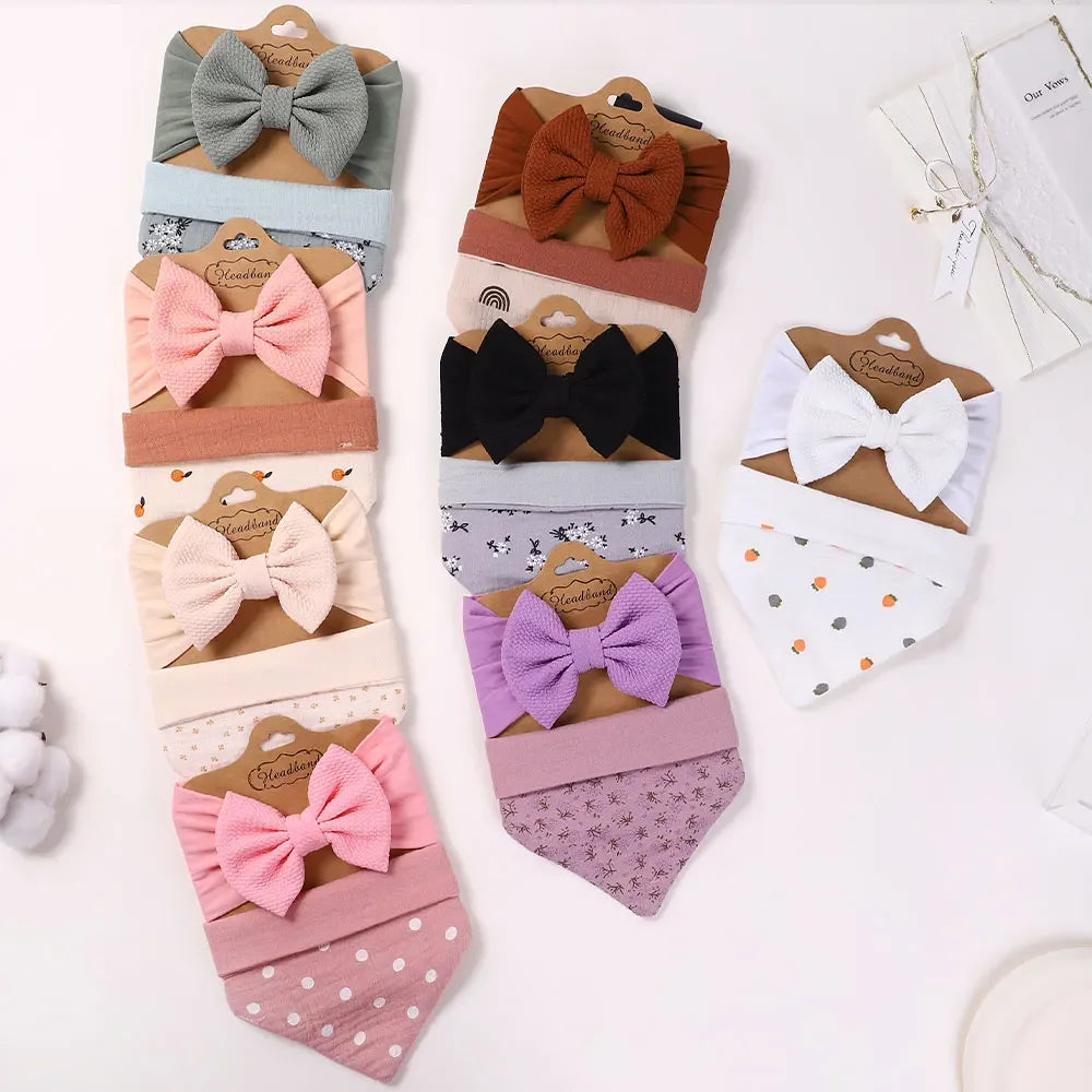 Toddler Ruffled Edge Turban Set with Big Bow - 2Pcs Solid Color Headbands for Newborns and Toddlers