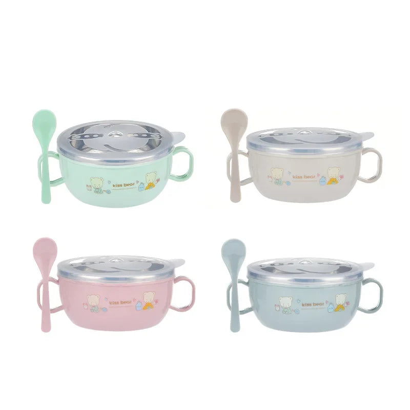 Cartoon-Printed Stainless Steel Insulated Baby Feeding Bowl Set with Spoon - BPA Free, 300ml