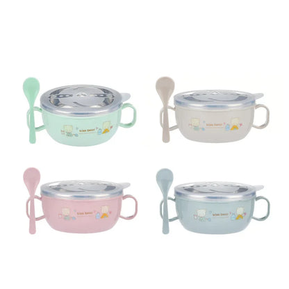 Cartoon-Printed Stainless Steel Insulated Baby Feeding Bowl Set with Spoon - BPA Free, 300ml