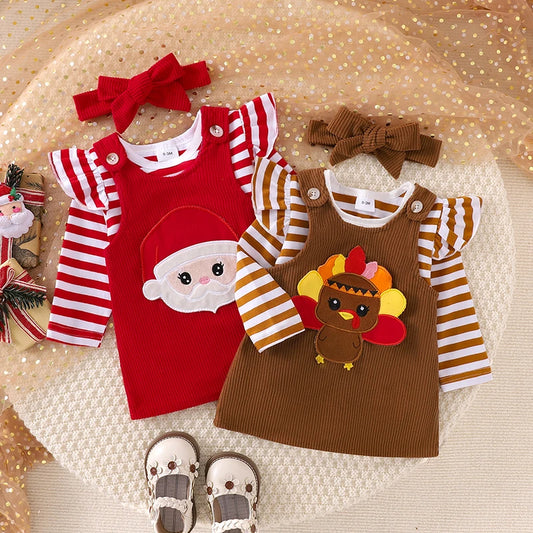 Adorable Baby Girl Christmas Outfit Set with Santa/Turkey Embroidery Romper, Dress, and Headband - 3 Pieces for Newborns