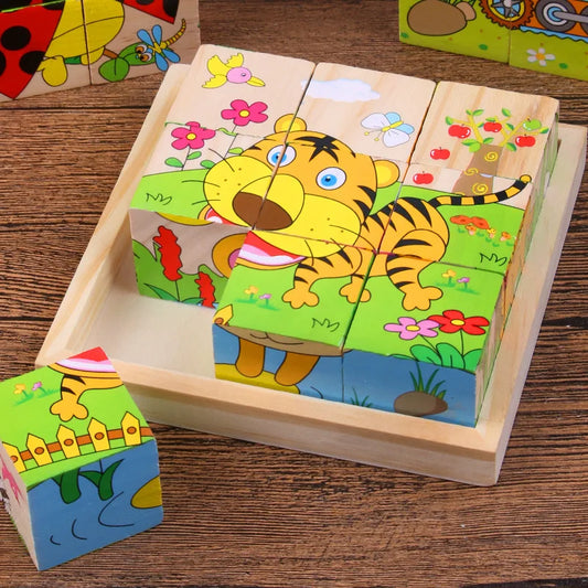 Colorful Wooden Animal and Fruit Puzzle Blocks for Early Learning and Development in Children