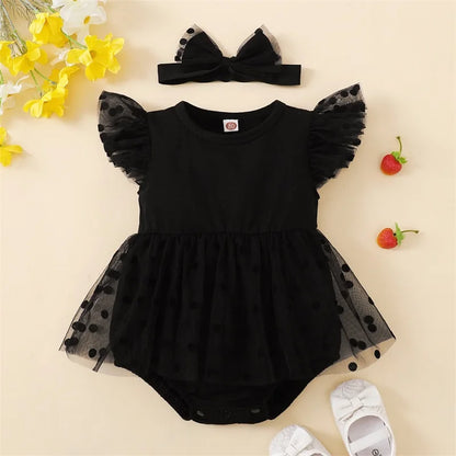 Polka Dot Baby Girls Summer Romper Dress with Mesh Skirt and Headband – Cute Sleeveless Jumpsuit for Infants