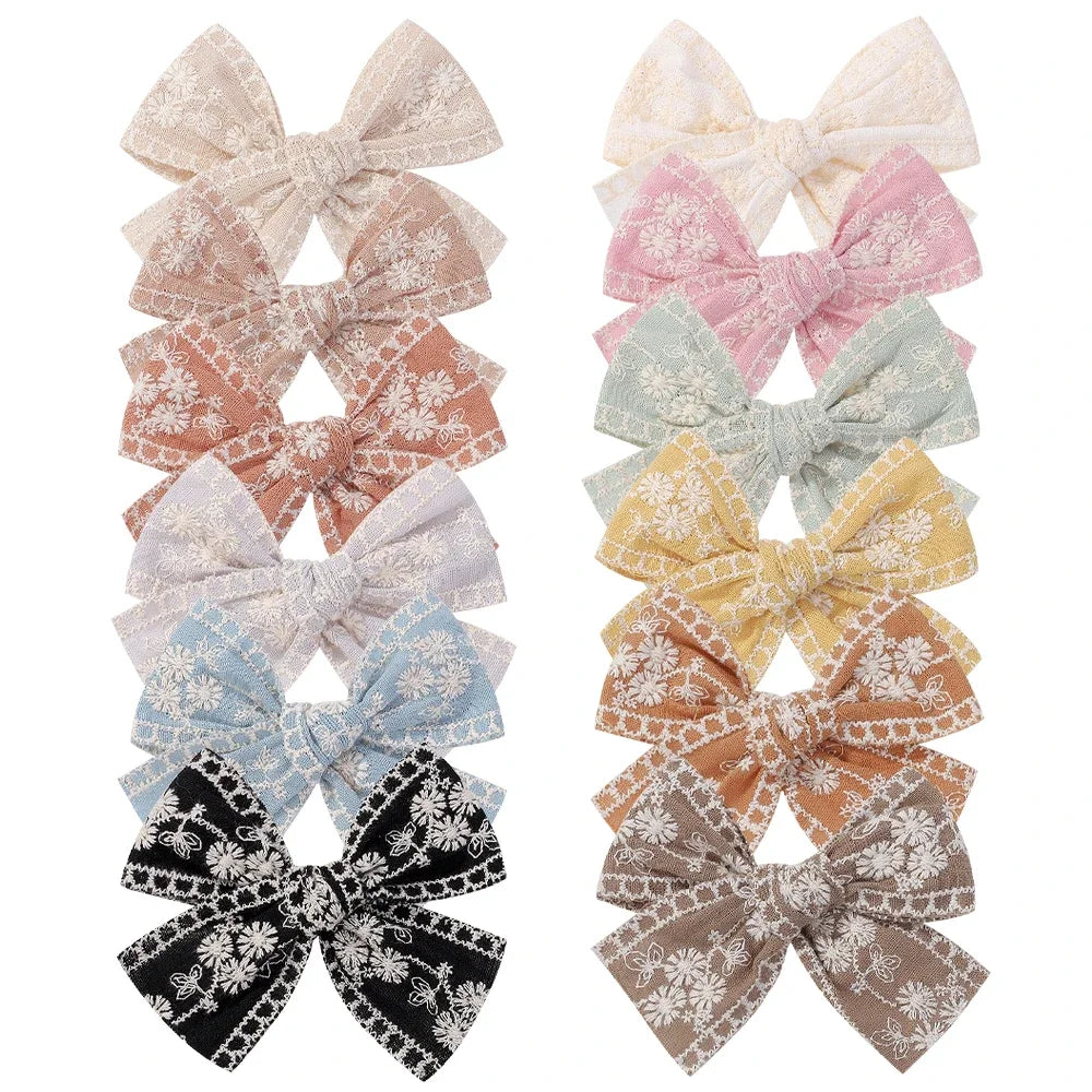 Vintage Floral Bow Hair Clips for Kids - Charming Embroidered Baby Accessories