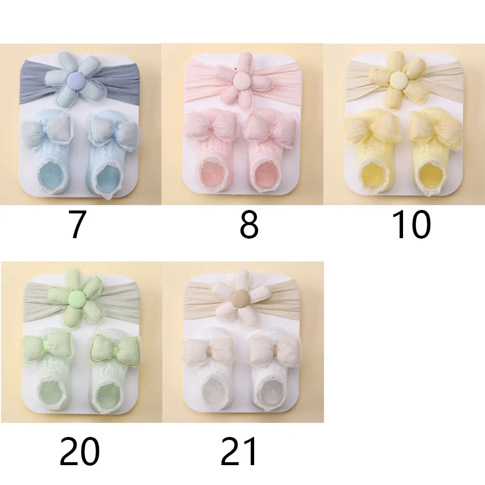 Adorable Baby Socks and Flower Headband Set - 2pcs Candy Color Bow Accessories for Newborns