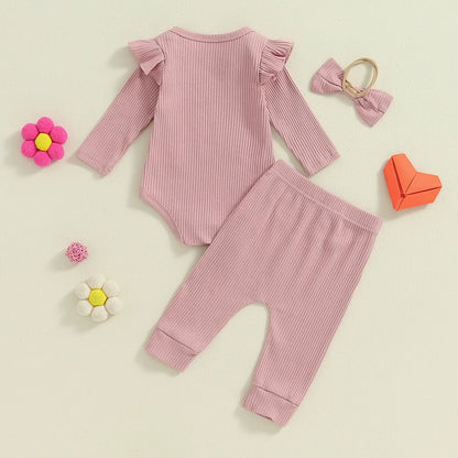 Adorable Baby Girls Ribbed 3-Piece Set with Letter Print Romper, Long Trousers, and Matching Hair Band