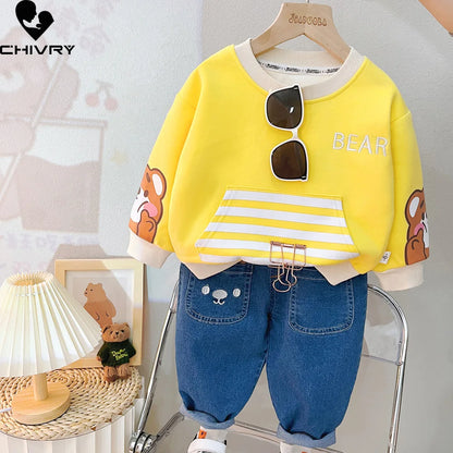 Adorable 2023 Children's Cartoon Bear Striped Sweatshirt and Denim Pants Outfit Set for Boys and Girls