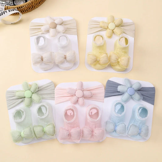 Adorable Baby Socks and Flower Headband Set - 2pcs Candy Color Bow Accessories for Newborns