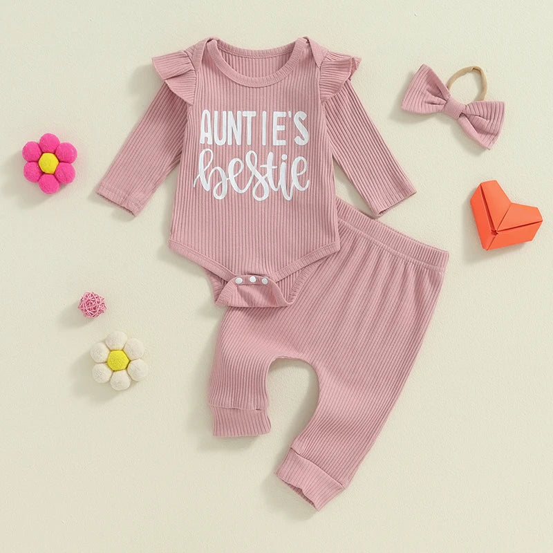 Adorable Baby Girls Ribbed 3-Piece Set with Letter Print Romper, Long Trousers, and Matching Hair Band