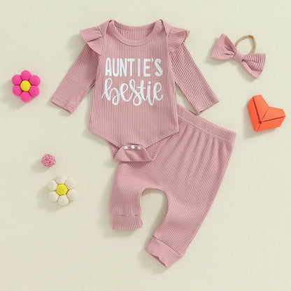 Adorable Baby Girls Ribbed 3-Piece Set with Letter Print Romper, Long Trousers, and Matching Hair Band