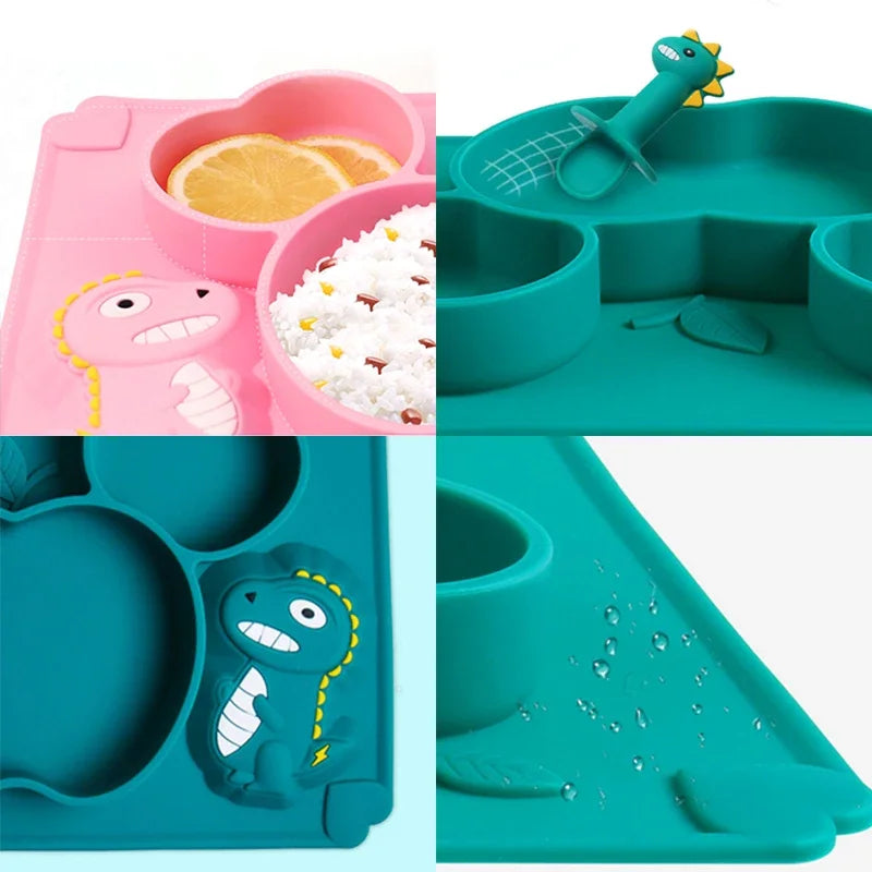 Dinosaur-Themed Baby Feeding Set with Non-Slip Plate, Training Bowl, Spoon, and Fork